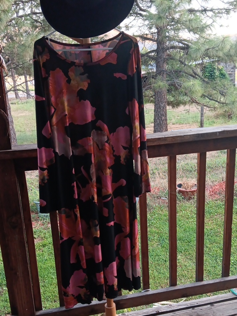 Black Floral Long-Sleeve Swing Dress with Pink & Orange Blooms